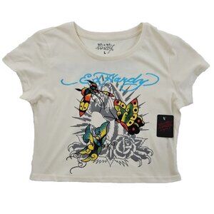 Ed Hardy Crop Tee Women's Large Rhinestone Butterfly Top NWT Logo Art Piece NEW